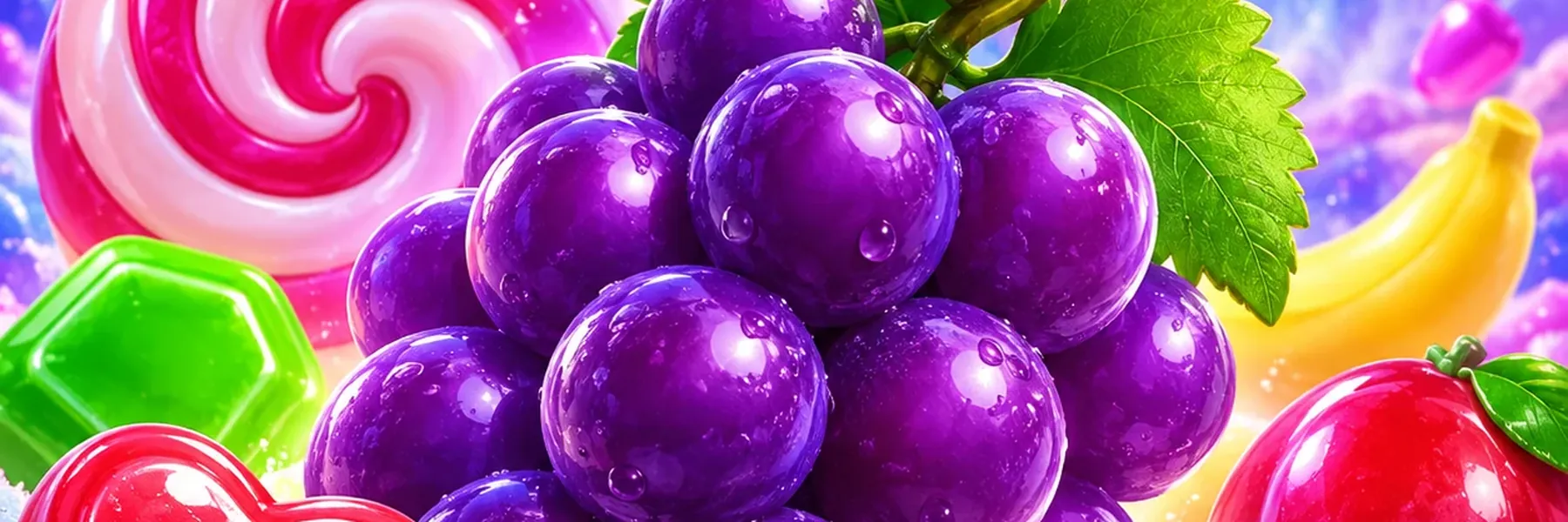 Lolipop ve renkli şekerlerin arasında parlayan bir üzüm salkımı